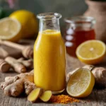 Ginger Turmeric Shot: The Shocking Benefits & Easy Recipe You’ll Love 7 Ginger turmeric shot in glass bottle with roots and lemon