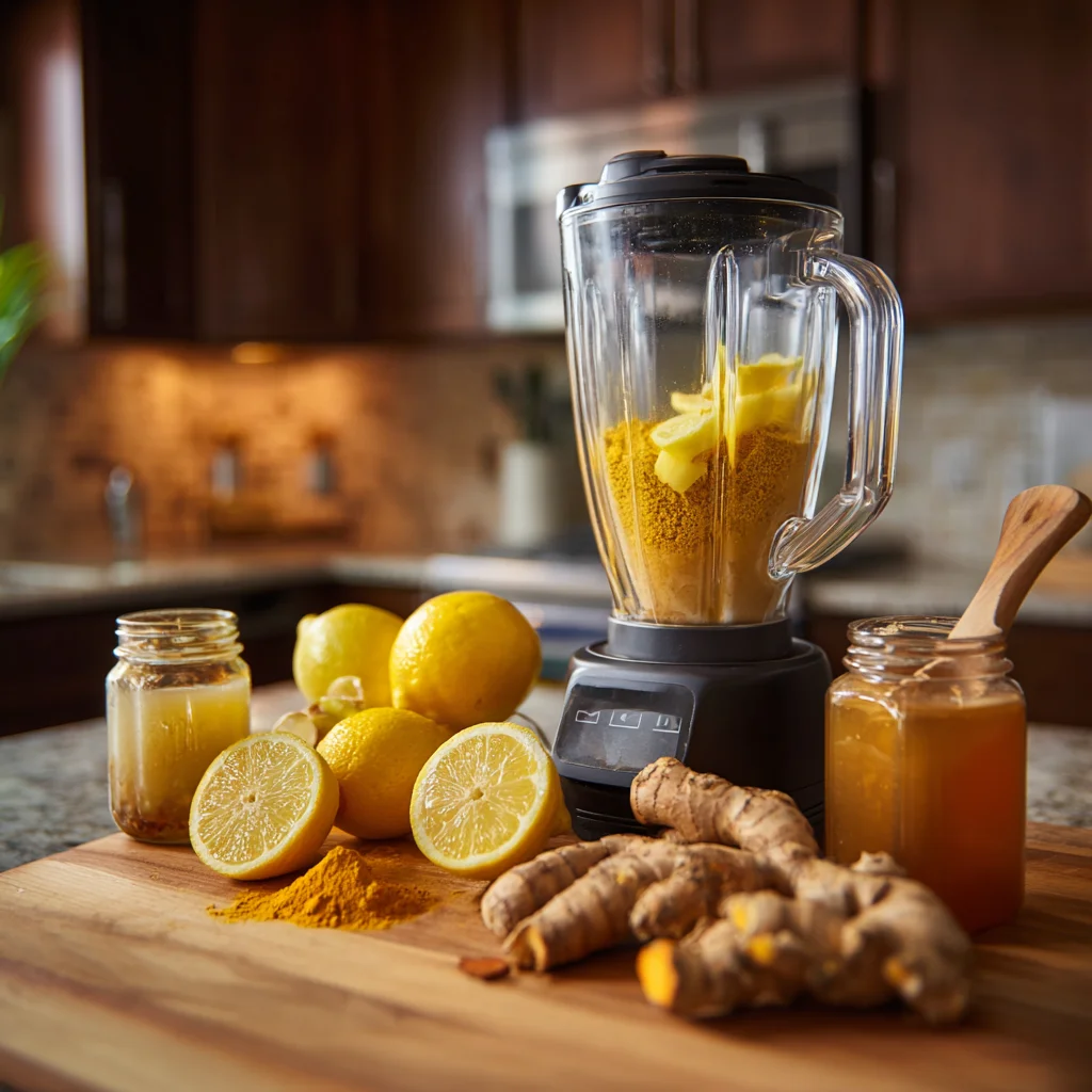 Ginger Turmeric Shot: The Shocking Benefits & Easy Recipe You’ll Love 5 Blender filled with ginger turmeric shot ingredients