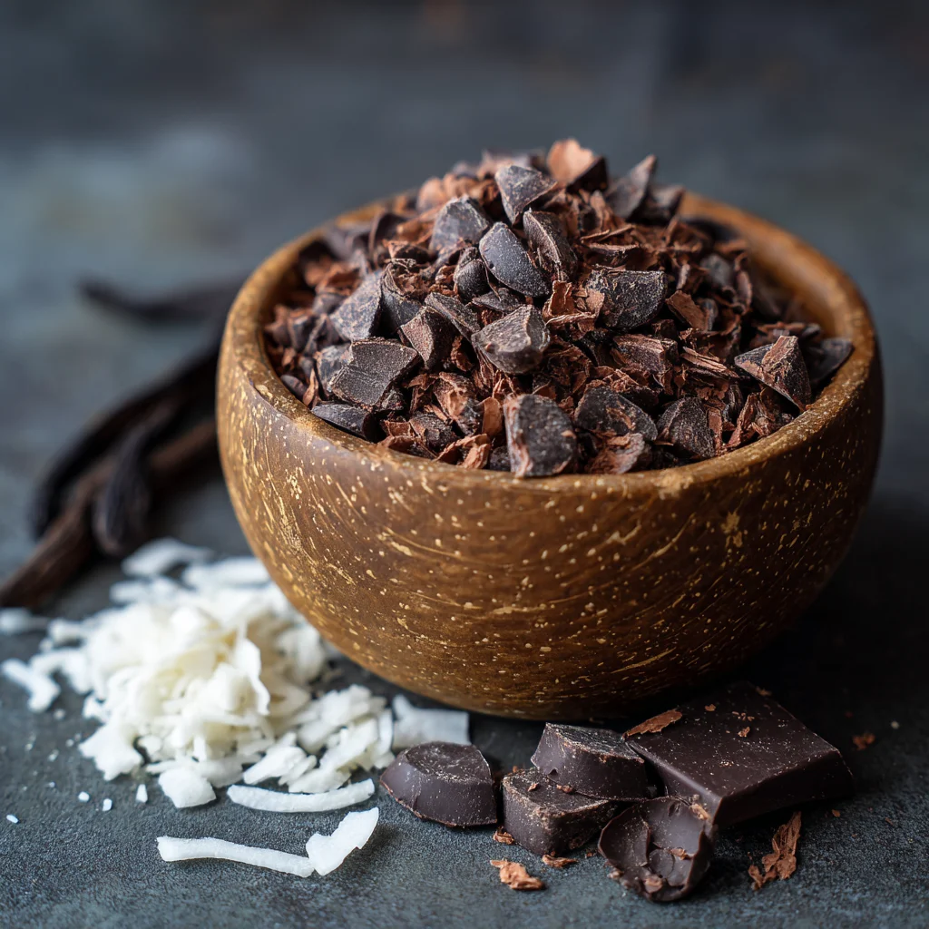 Homemade healthy chocolate chips recipe with cacao and coconut