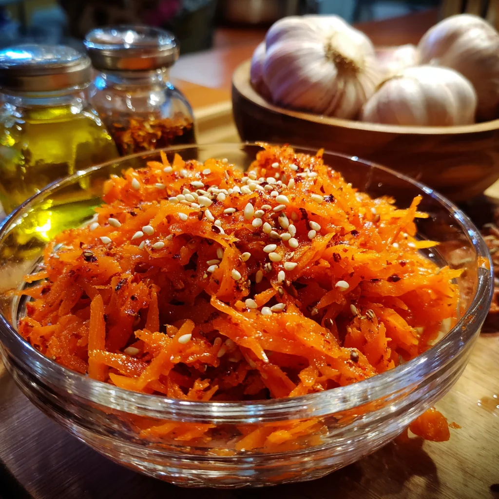 Korean carrot salad in a bowl with spices and oil