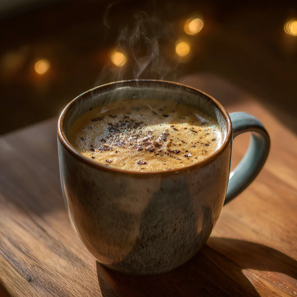 mushroom coffee latte in ceramic mug with steam