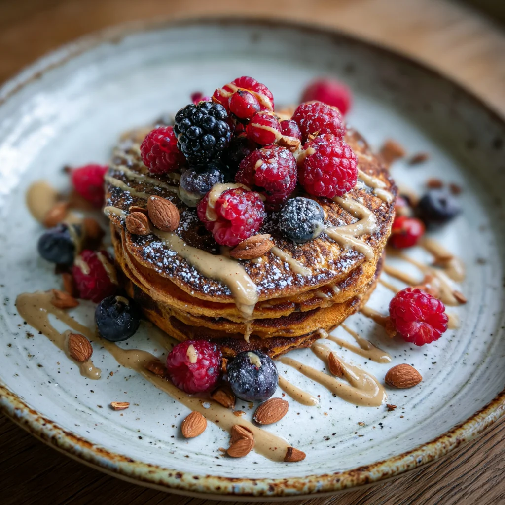 Sweet potato protein pancakes with almond butter and berries