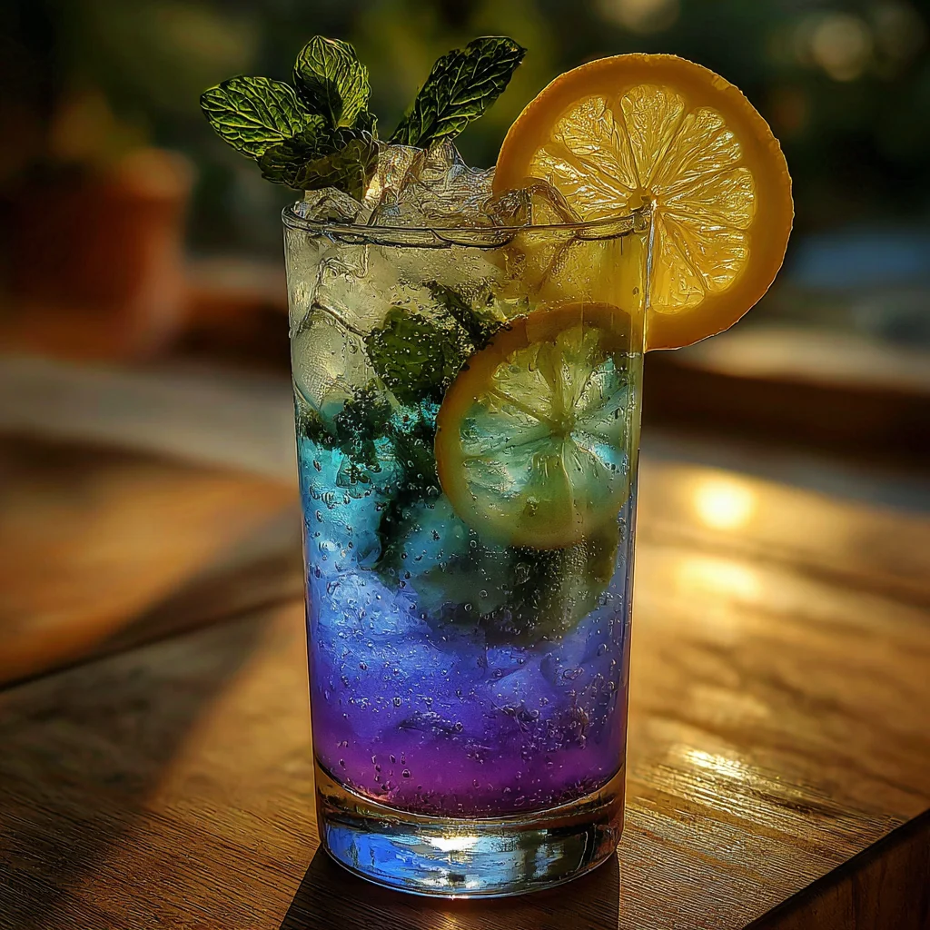 Butterfly pea lemonade in a glass with lemon and mint