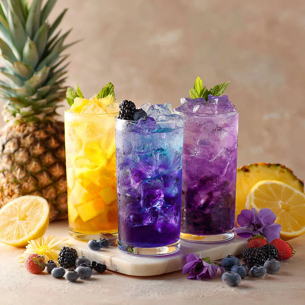 Fruit variations of butterfly pea lemonade